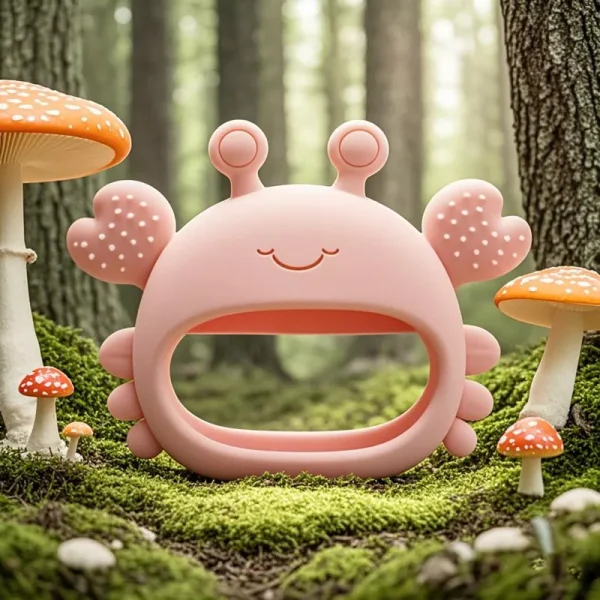Smiling crab-shaped silicone baby teether toy placed in a forest setting with mushrooms