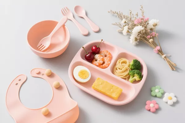 Peach orange silicone baby feeding set with bib, divided suction plate, bowl, spoon, fork and flower styling