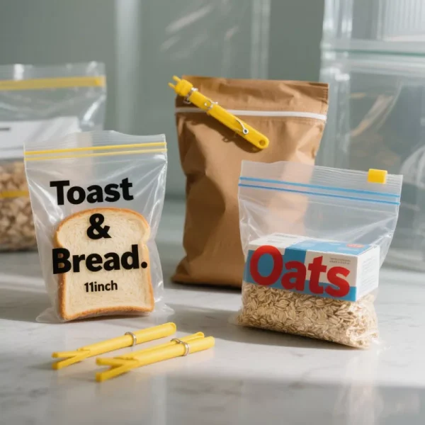 Transparent food storage bags with toast and oats sealed using reusable yellow clips
