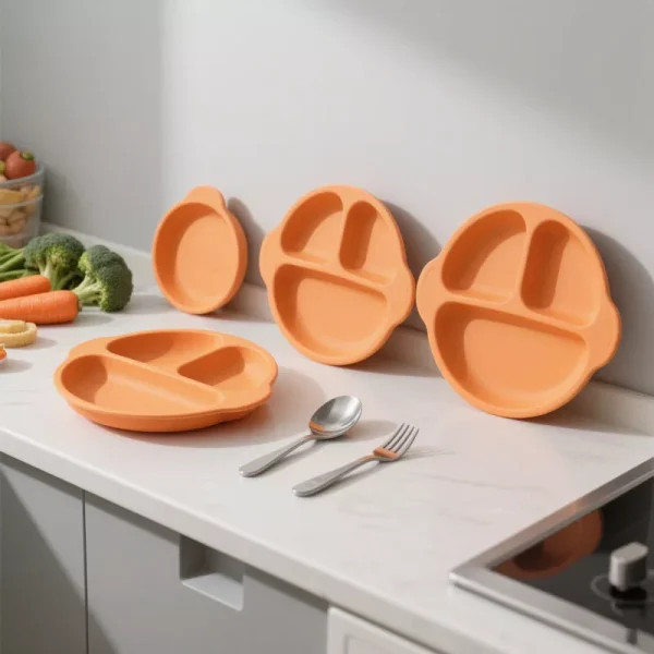 Orange silicone suction toddler plates with divided compartments on a kitchen counter