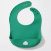 Green silicone baby bib with food catcher and smiling cloud design
