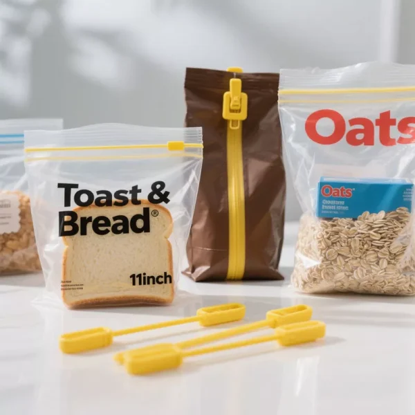 Reusable food storage set with chip bag sealers and zipper bags for bread and oats