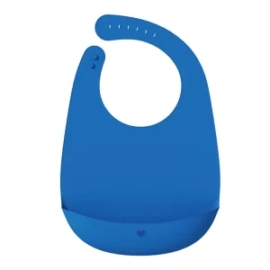 Blue silicone baby bib with adjustable strap and food-catching pocket