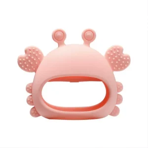 Pink crab-shaped silicone teether toy for infants with textured claws