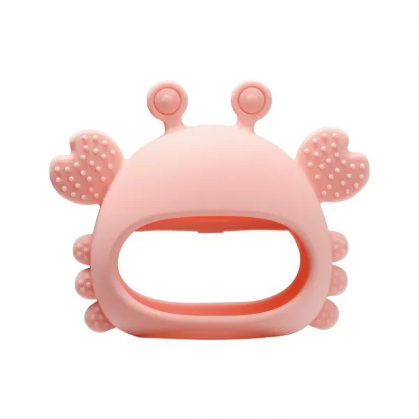 Pink crab-shaped silicone teether toy for infants with textured claws