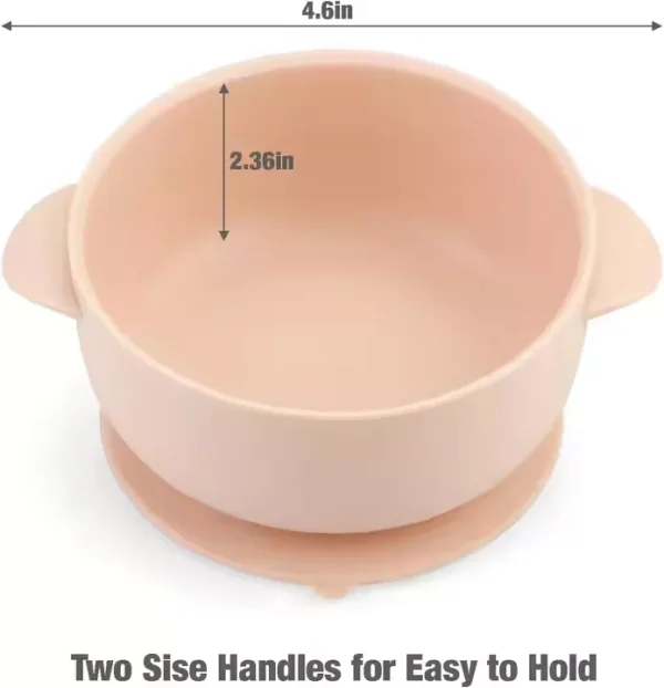 Peach silicone baby suction bowl with two side handles and measurement dimensions labeled