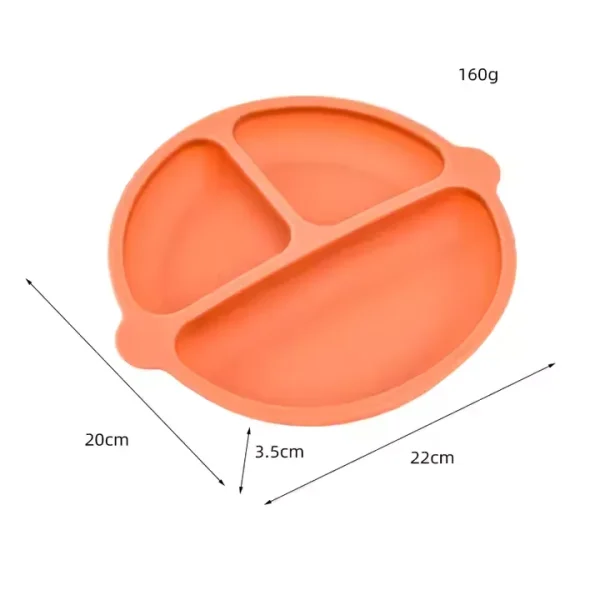 Orange silicone suction plate with dimensions 22cm x 20cm x 3.5cm and weight 160g