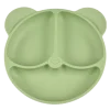 Bear-shaped green silicone suction plate with divided sections for baby meals