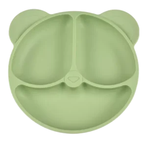 Bear-shaped green silicone suction plate with divided sections for baby meals