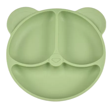 Bear-shaped green silicone suction plate with divided sections for baby meals