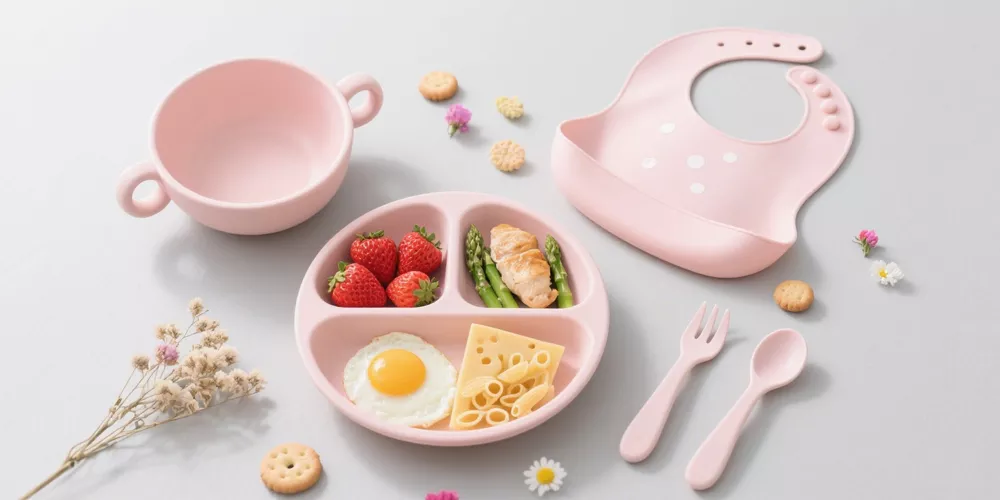 Pastel pink baby silicone feeding set with bib, suction plate, double-handled bowl and utensils on light grey background