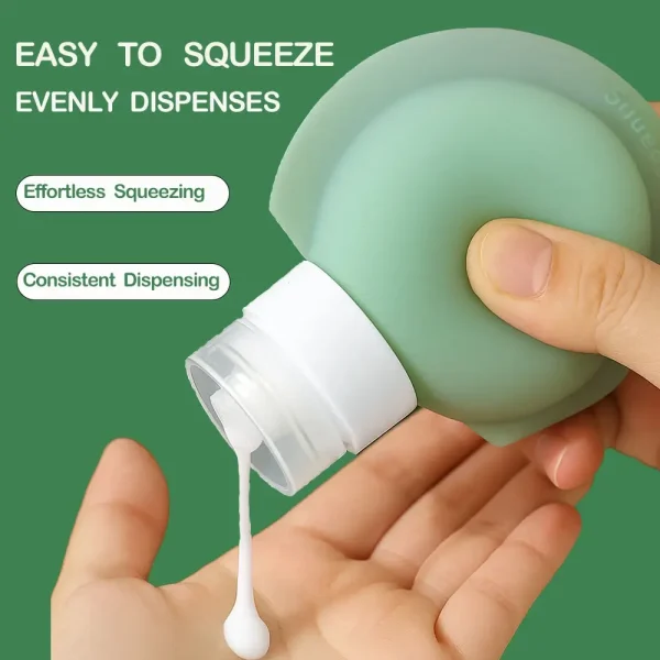 Green silicone travel bottle dispensing lotion smoothly, designed for effortless squeezing and consistent flow