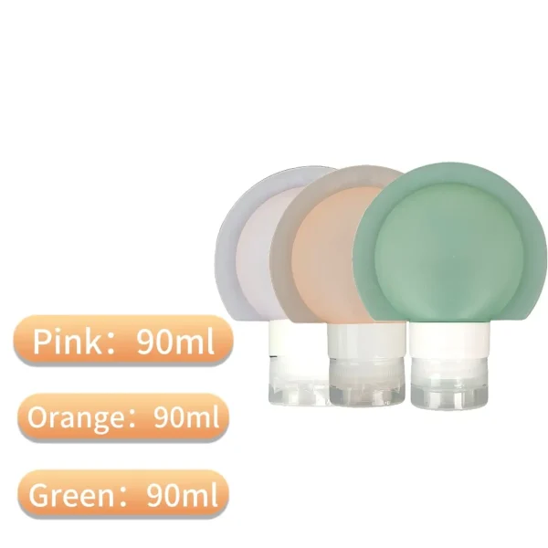 Round silicone travel bottles in pink, orange, and green, each with 90ml capacity for lotion or toiletries