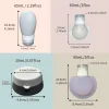 Silicone travel bottle size chart showing 20ml, 60ml, 65ml, and 90ml containers with measurements in centimeters and inches
