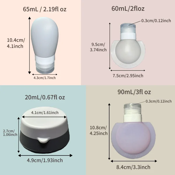 Silicone travel bottle size chart showing 20ml, 60ml, 65ml, and 90ml containers with measurements in centimeters and inches