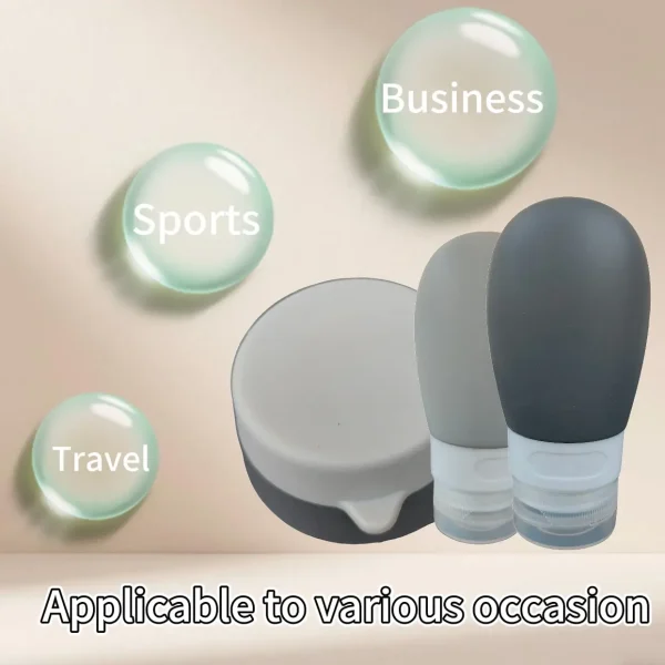 Grey silicone travel bottles and jars suitable for various occasions including business, sports, and travel