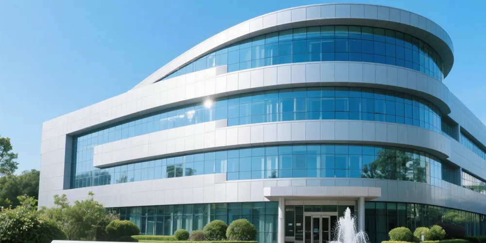 Modern corporate office building with curved glass facade and fountain