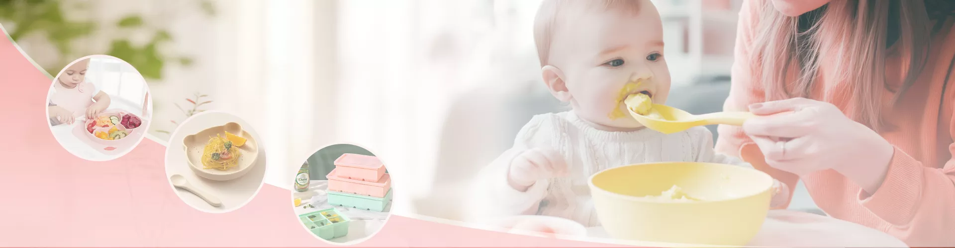 Mother feeding baby with yellow spoon and silicone tableware; product showcase in pink circular overlays