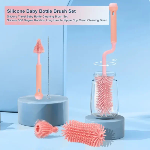 Silicone baby bottle cleaning brush set with long handle and multiple brush heads