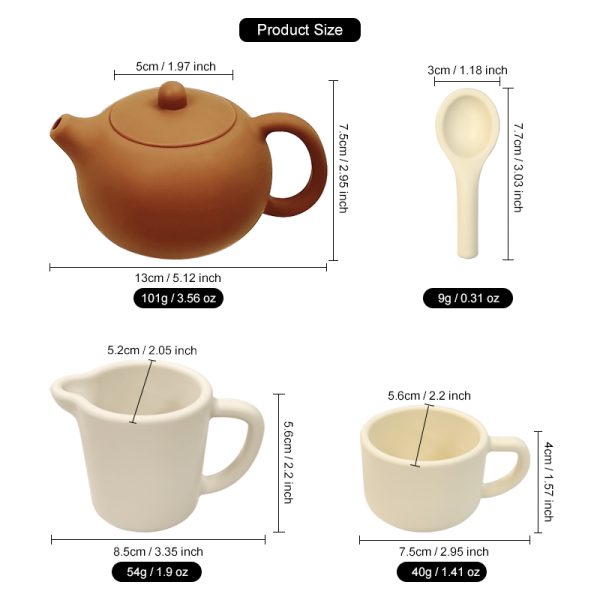 Silicone Tea Set Product Dimensions – Teapot, Cream Pitcher, Tea Cup, Spoon