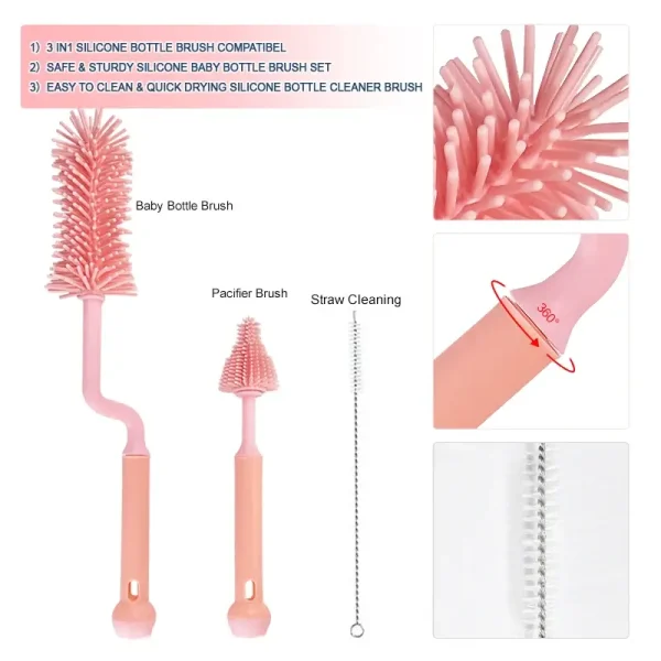 3-in-1 Silicone Baby Bottle Cleaning Brush Set – Bottle Brush, Nipple Brush, Straw Cleaner