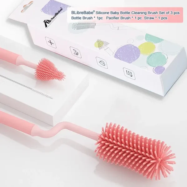 BLibreBabe Silicone Baby Bottle Cleaning Brush Set with Retail Packaging – 3 pcs Set