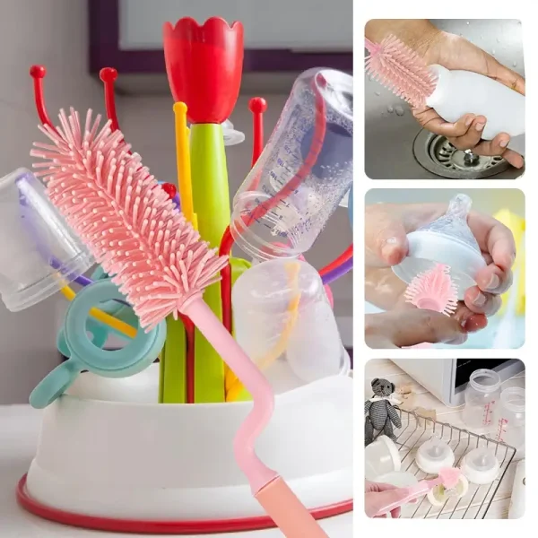 Silicone Baby Bottle Brush Set in Use – Cleaning and Drying Scenarios