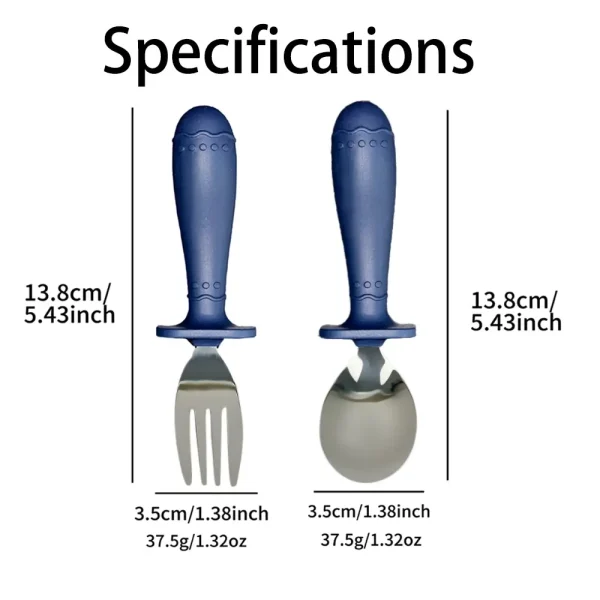 Size and weight specifications of silicone baby spoon and fork set with ergonomic handles and stainless steel tips