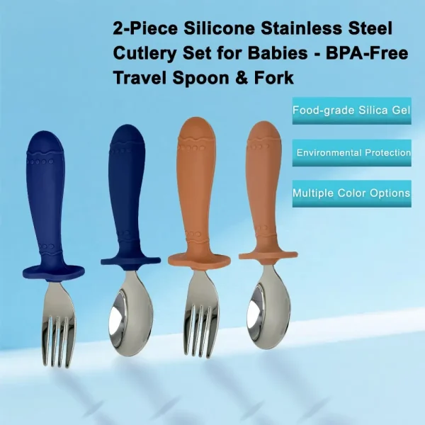 2-piece silicone and stainless steel cutlery set for babies, featuring BPA-free food-grade material and colorful ergonomic handles