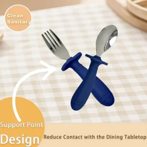 Silicone baby spoon and fork set with anti-contact support point design, hygienic utensils for toddlers and self-feeding training