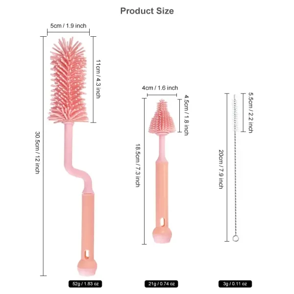 Silicone Bottle Cleaning Brush Set – Product Size Chart in cm and inch