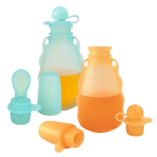 Colorful silicone food pouches with spoons and dust caps.