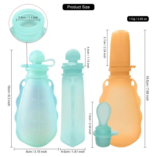 Silicone baby food pouches with size measurements.