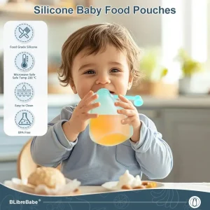 Toddler drinking from reusable silicone food pouch – BPA-free, leakproof design.