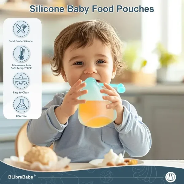 Toddler drinking from reusable silicone food pouch – BPA-free, leakproof design.