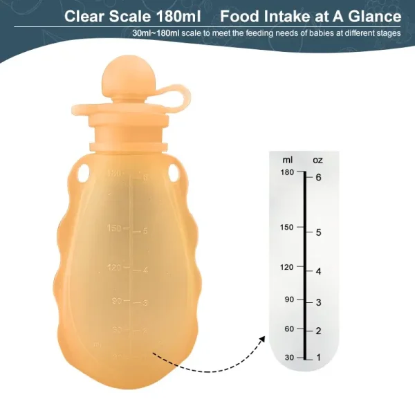 Silicone food pouch with clear 180ml measurement scale.