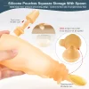 Silicone feeding pouch with 3mm flow-control spoon and dust cap.