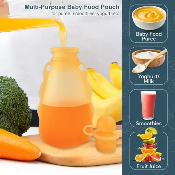 Silicone baby food pouch shown with puree, smoothies, milk, and juice.