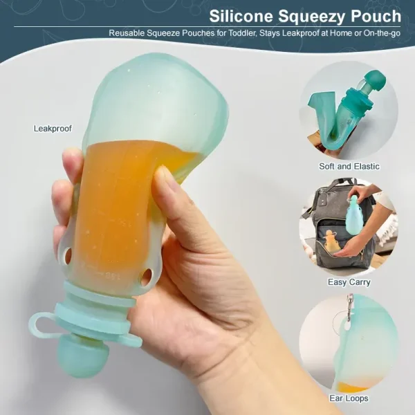 Leakproof silicone squeezy pouch with soft body and carry loops.