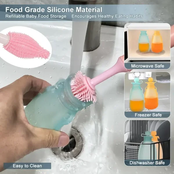 Silicone feeding pouch shown under running water with cleaning brush.