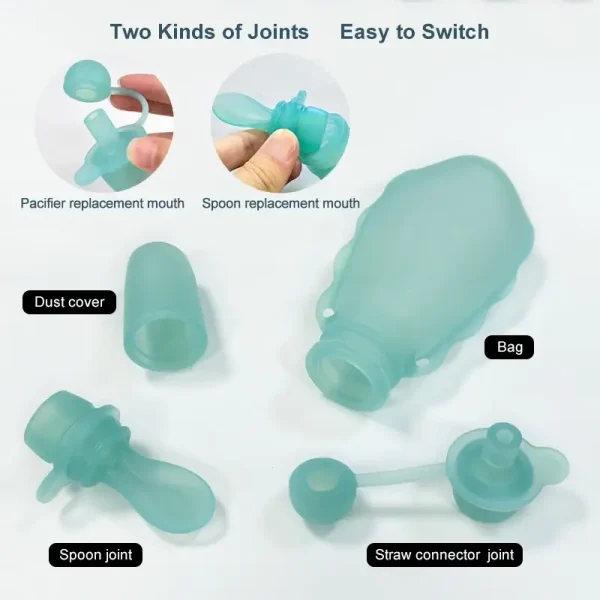 Silicone feeding pouch set with interchangeable spoon and straw joints.