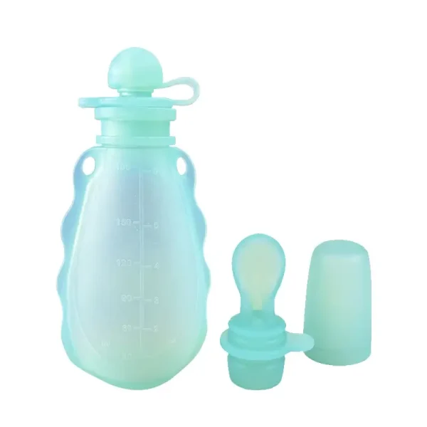 Silicone baby food pouch set with measuring scale and spoon attachment.