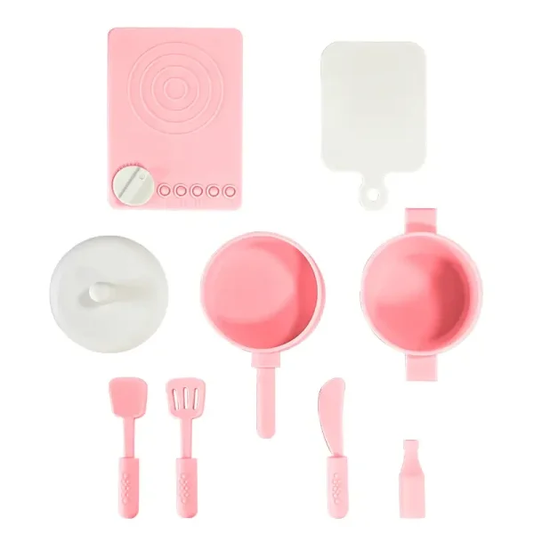Pink Montessori-inspired silicone toddler kitchen play set.