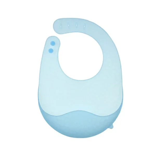 Pink silicone baby bib with wide food pocket.