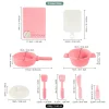 Pink silicone cookware play set with utensils, pot, pan, and accessories.
