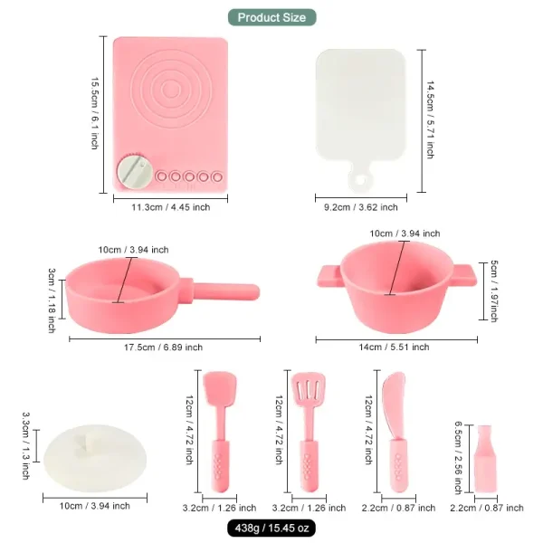Pink silicone cookware play set with utensils, pot, pan, and accessories.