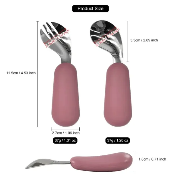 Baby Utensil Size Specifications Baby spoon and fork set with detailed size measurements.