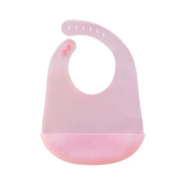 Light pink silicone baby bib with pocket.