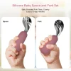 Silicone Baby Feeding Utensils Baby holding silicone-handled spoon and fork set.