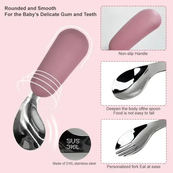 Ergonomic Baby Spoon and Fork Design Close-up of baby spoon and fork with non-slip silicone handles and stainless steel heads.